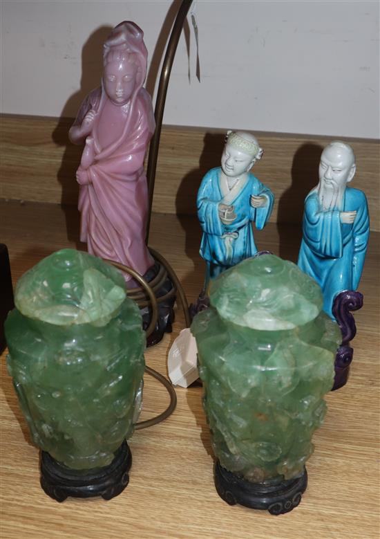 A pair of Chinese green quartz vases and covers, a pair of Chinese figures and a glass Guanyin figure mounted as a lamp